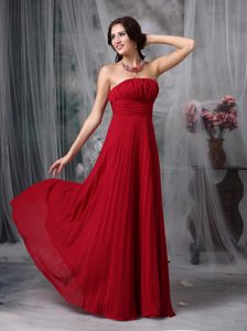Wine Red Strapless Long Ruched Pleated Chiffon Prom Pageant Dress