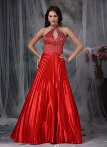 High-neck Long Beaded Red Pageant Dress with Pleats and Cutouts