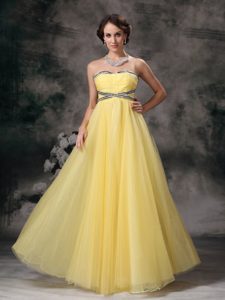 Strapless Long Yellow Tulle Beaded Pageant Dress for Miss America