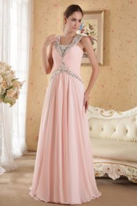 Baby Pink Straps Brush Train Ruched Chiffon Pageant Dresses with Beading