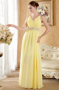 V-neck Long Beaded Ruched Light Yellow Chiffon Pageant Dresses