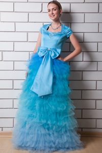 Square Short Sleeves Long Blue Pageant Dress with Ruffles and Bow