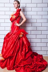 New One Shoulder Court Train Red Pageant Dress with Pick-ups and Flowers