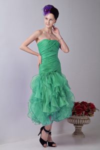 Strapless Ankle-length Turquoise Ruched Organza Pageant Dress with Ruffles