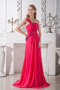 Hot Pink One Shoulder Brush Train Ruched Pageant Dresses with Sequin Belt
