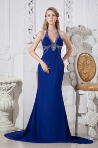 Royal Blue Halter Court Train Ruched Chiffon Pageant Dresses with Beading