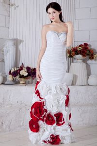 Ruched Sweetheart Long White and Red Pageant Dress with Flowers