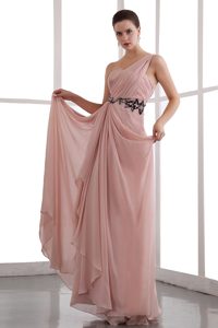 One Shoulder Long Ruched Rose Pink Pageant Dress with Appliques