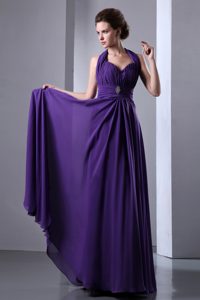 Halter Long Dark Purple Ruched Chiffon Pageant Dress on Promotion