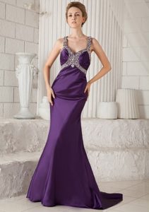 Straps Brush Train Dark Purple Pageant Dress with Beading for Less