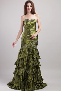 Olive Green Sweetheart Brush Train Pageant Dress with Layers and Beading