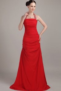 Red Halter Brush Train Ruched Beaded Chiffon Natural Beauty Pageant Dress