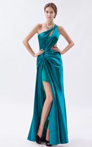 One Shoulder Long Ruched Beauty Pageant Dress with Cutout and Slit