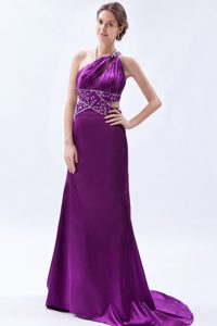 Great Dark Purple One Shoulder Brush Train Ruched Beaded Pageant Dress