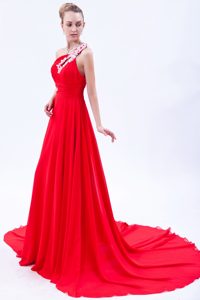 One Shoulder Court Train Ruched Red Chiffon Pageant Dress with Appliques