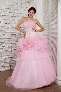2012 Attractive Strapless Organza Beaded Girl Pageant Dresses in Baby Pink