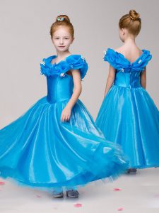 Off the Shoulder Blue Ball Gowns Appliques Little Girls Pageant Dress Zipper Tulle Cap Sleeves Ankle Length
