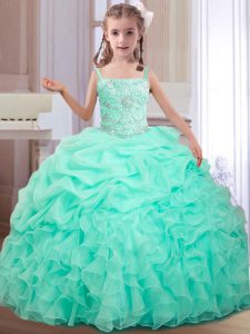 Straps Sleeveless Little Girls Pageant Dress Wholesale Floor Length Beading and Ruffles and Pick Ups Apple Green Organza