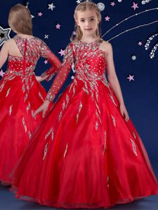 Floor Length Red Little Girls Pageant Dress Asymmetric Sleeveless Zipper