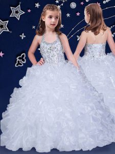 Comfortable Halter Top Floor Length Lace Up Flower Girl Dresses for Less White for Quinceanera and Wedding Party with Be