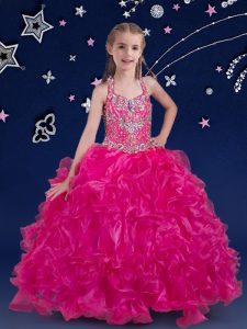 Inexpensive Halter Top Fuchsia Organza Lace Up Pageant Gowns For Girls Sleeveless Floor Length Beading and Ruffles