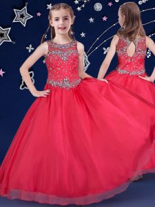 Most Popular Scoop Red Organza Zipper Pageant Dress for Girls Sleeveless Floor Length Beading