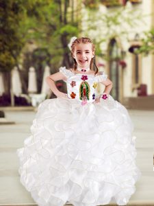 Fine White Organza and Taffeta Lace Up Flower Girl Dresses for Less Cap Sleeves Floor Length Beading and Appliques and R