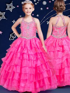 Halter Top Hot Pink Sleeveless Floor Length Beading and Ruffled Layers Zipper Winning Pageant Gowns