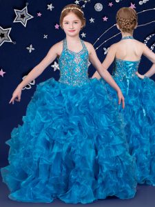 Halter Top Organza Sleeveless Floor Length Little Girls Pageant Gowns and Beading and Ruffles