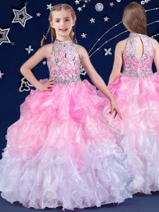 Halter Top White and Pink And White Sleeveless Floor Length Beading and Ruffles Zipper Little Girls Pageant Dress