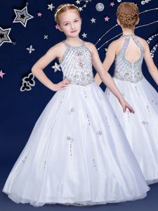 Classical Halter Top White Sleeveless Beading Floor Length Little Girl Pageant Dress
