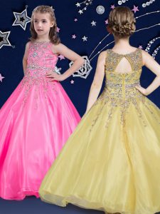 Fashion Scoop Hot Pink Ball Gowns Beading Little Girls Pageant Dress Zipper Organza Sleeveless Floor Length