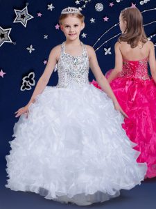 Unique Halter Top Sleeveless Lace Up Flower Girl Dresses for Less White Organza