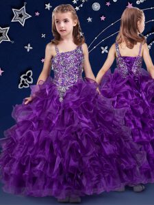 Nice Beading and Ruffled Layers Kids Pageant Dress Purple Lace Up Sleeveless Floor Length