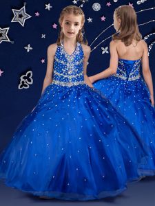 Royal Blue Ball Gowns Halter Top Sleeveless Organza Floor Length Lace Up Beading Little Girls Pageant Gowns