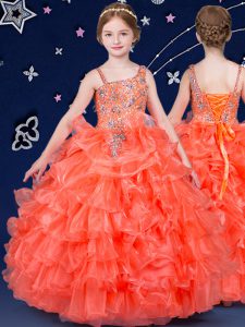 Organza Asymmetric Sleeveless Lace Up Beading and Ruffled Layers Kids Formal Wear in Orange