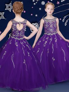Scoop Purple Sleeveless Floor Length Beading Lace Up Pageant Dress Womens