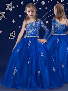 Royal Blue Sleeveless Beading Floor Length Little Girls Pageant Gowns