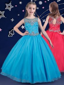 Scoop Floor Length Baby Blue Pageant Dress for Teens Organza Sleeveless Beading