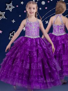 Halter Top Eggplant Purple Zipper Pageant Gowns For Girls Beading and Ruffled Layers Sleeveless Floor Length