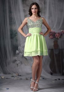 Yellow Green Empire Straps Short Party Dress with Beading on Sale