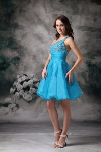 Aqua Blue A-line Beaded One Shoulder Mini-length Party Dresses in Organza