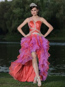 High-low Multi-color One Shoulder Organza Prom Party Dresses with Ruffles