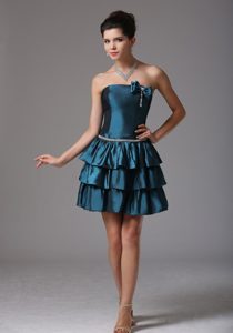 Custom Made Beaded Party Dresses with Ruffled Layers and Bow in Blue