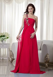 Red Empire One Shoulder Wedding Party Dress with Appliques