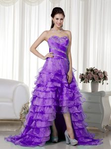 Purple Sweetheart Brush Train Organza Cocktail Party Dress with Beading