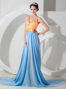 Custom Made Light Blue and Orange Beaded V-neck Party Dress