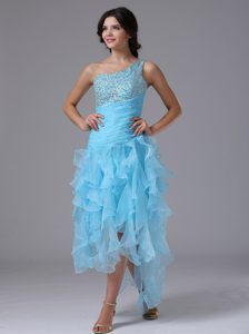 High-low One Shoulder Cocktail Party Dresses with Beading in Aqua Blue