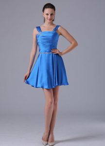 2013 A-line Straps Ruched Chiffon Prom Party Dress with Beading in Blue