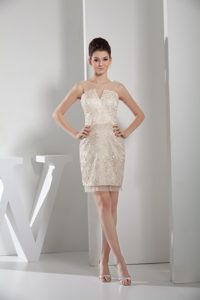 Simple Champagne Scoop Short Party Dresses with Lace and Sheer Neck